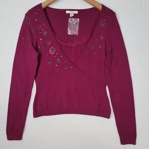VINTAGE INTUITIONS PURPLE BEADED WRAP TOP SWEATER LONG SLEEVE WOMENS SIZE SMALL